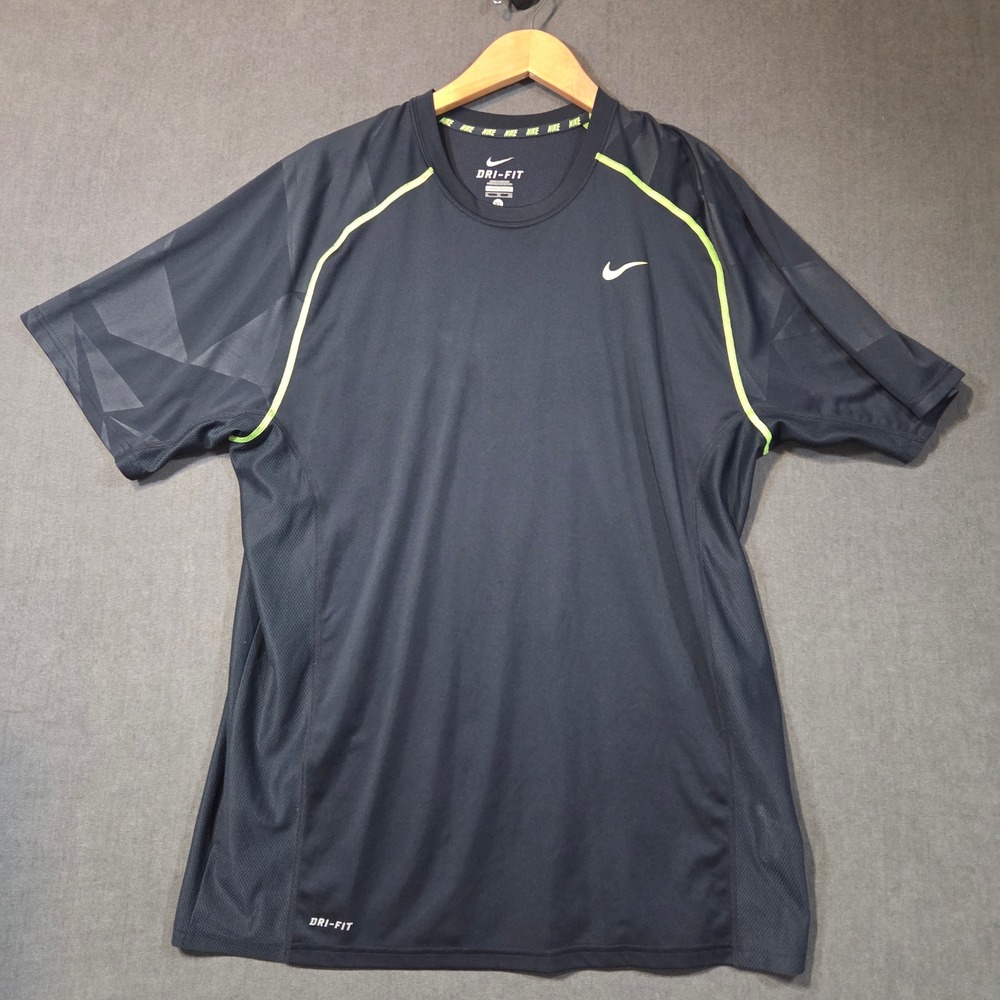 Nike Dri-FIT Running Shirt Mens XL Black Neon Yellow Short Sleeve 576085-475